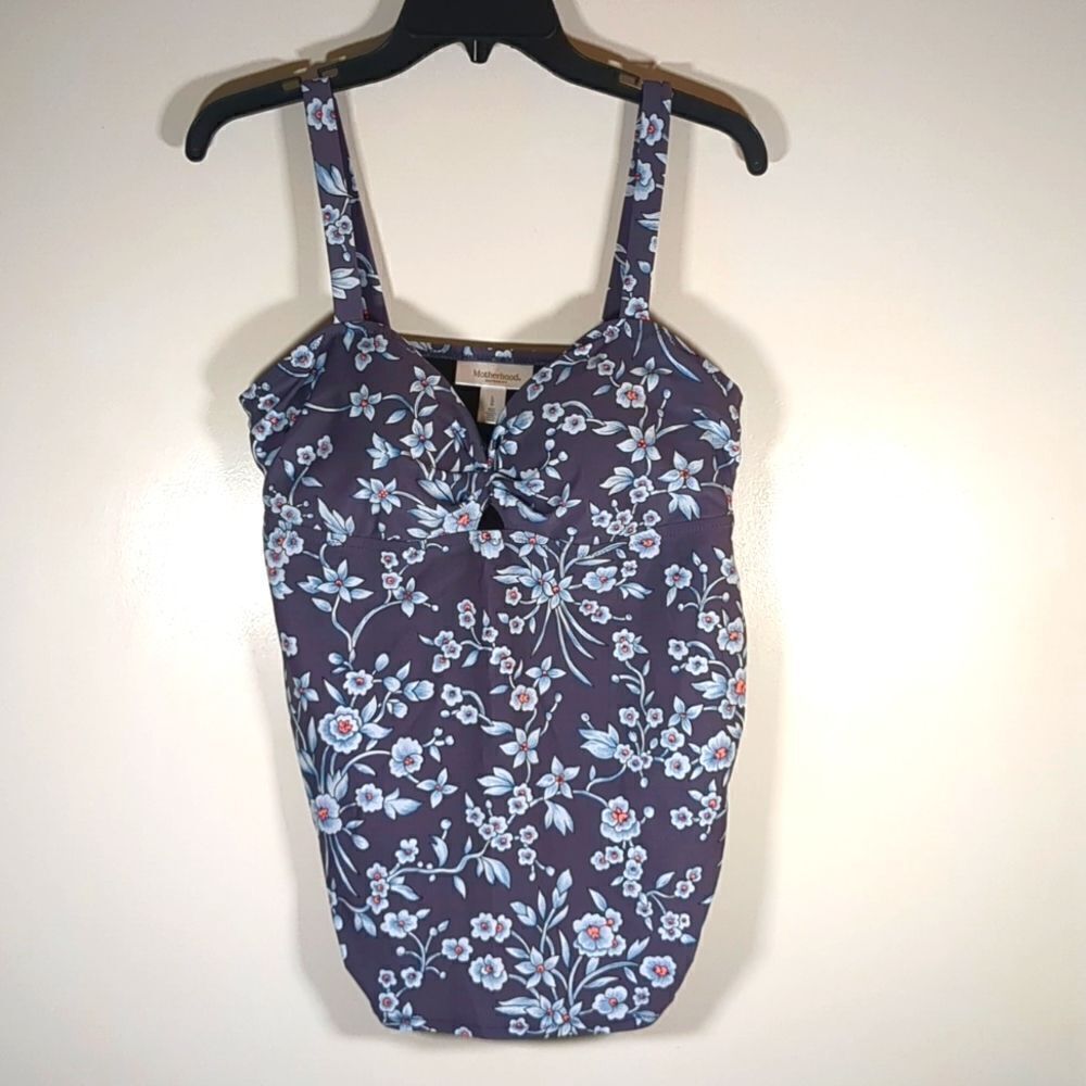 Motherhood Maternity Two Piece Swimsuit Grey Blue Floral Size Large